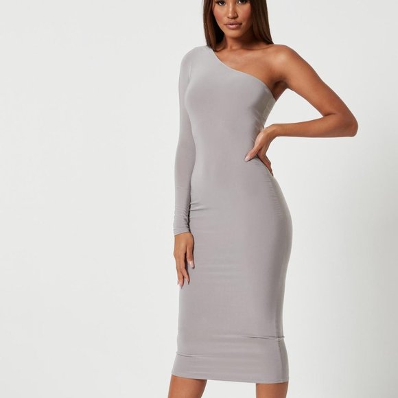 silver midi dress with sleeves
